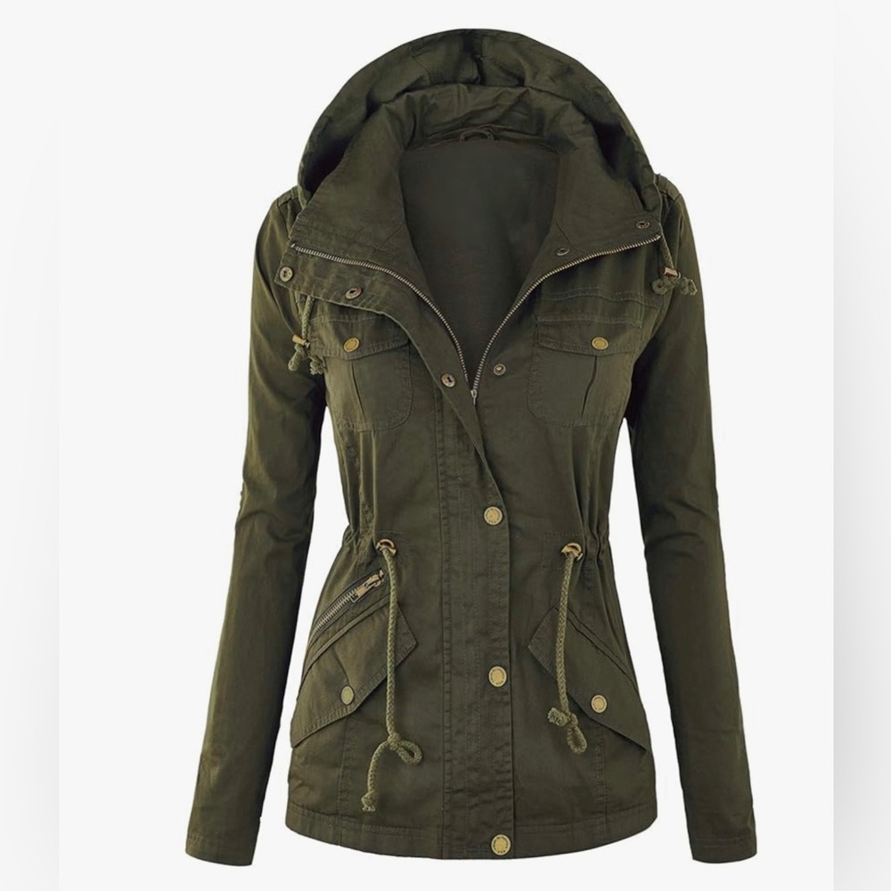 Women Casual Military Jacket Safari Utility Lightweight Detachable Hoodie